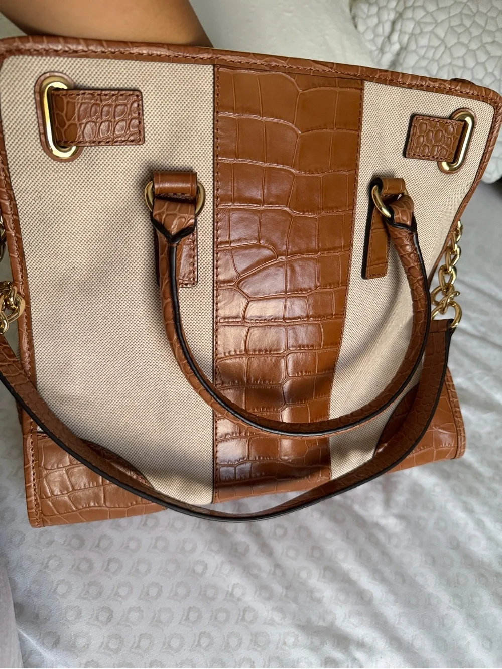 Michael Kors Hamilton Large Tote Bag Brown Croc Embossed Beige Canvas Gold MK